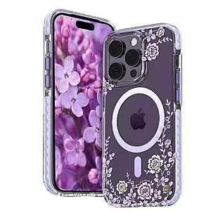 Kingxbar Apple iPhone 14 Pro MagSafe decorated with peony flowers print Flora Series magnetic Purple