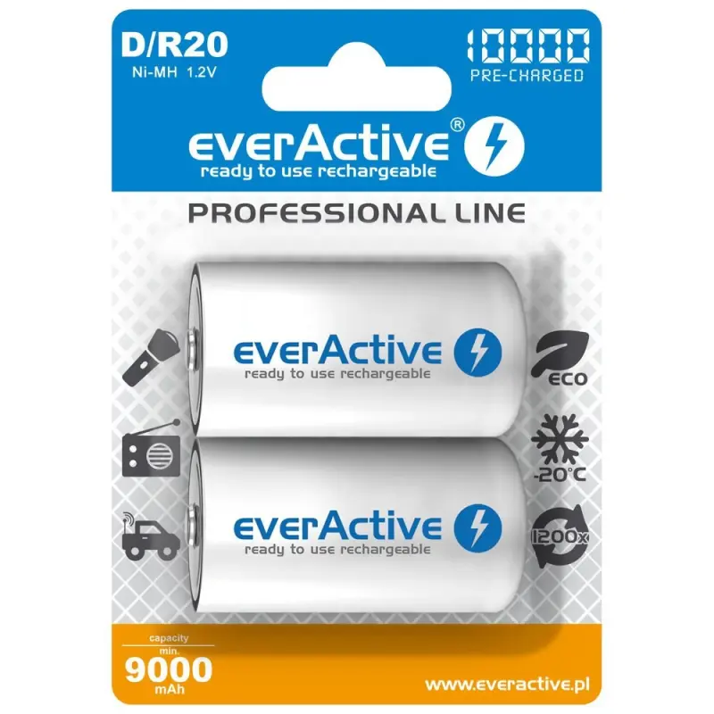Atjaunojamās baterijas everActive R20/D Ni-MH 10000