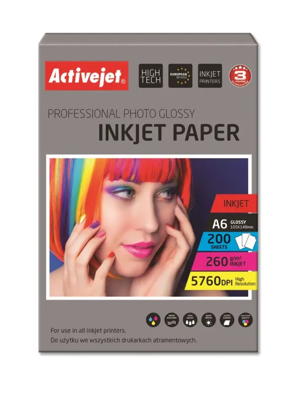 Activejet AP6-260GR200 Spīdīgs foto papīrs; ideāls