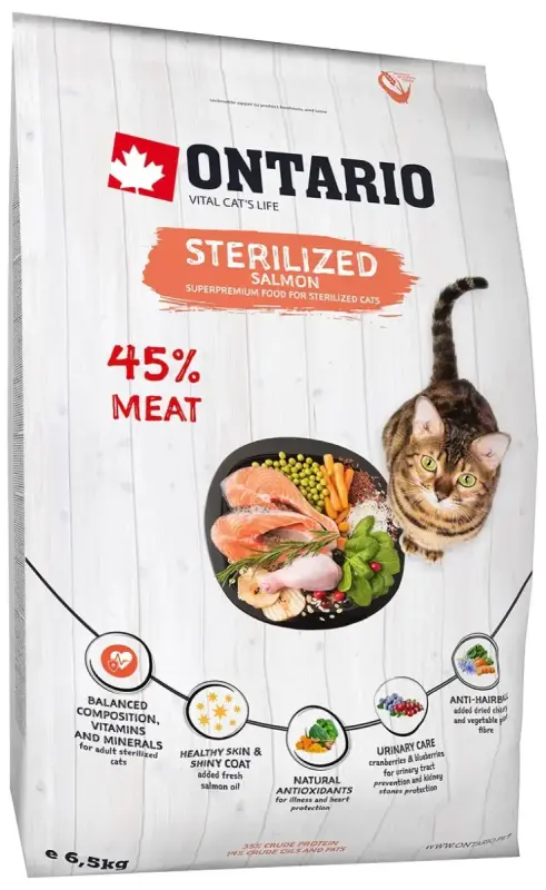 Sauss, sterilizēta laša kaķu barība Ontario