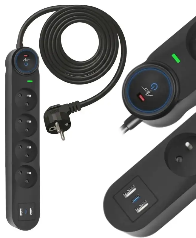 ART FU815 4 kontaktligzdas-10A-2USB A+C-2.6A-melns-3m-3x1