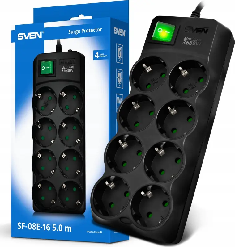 Strāvas sadalītājs Sven SF-08E-16, 8 kontaktligzdas